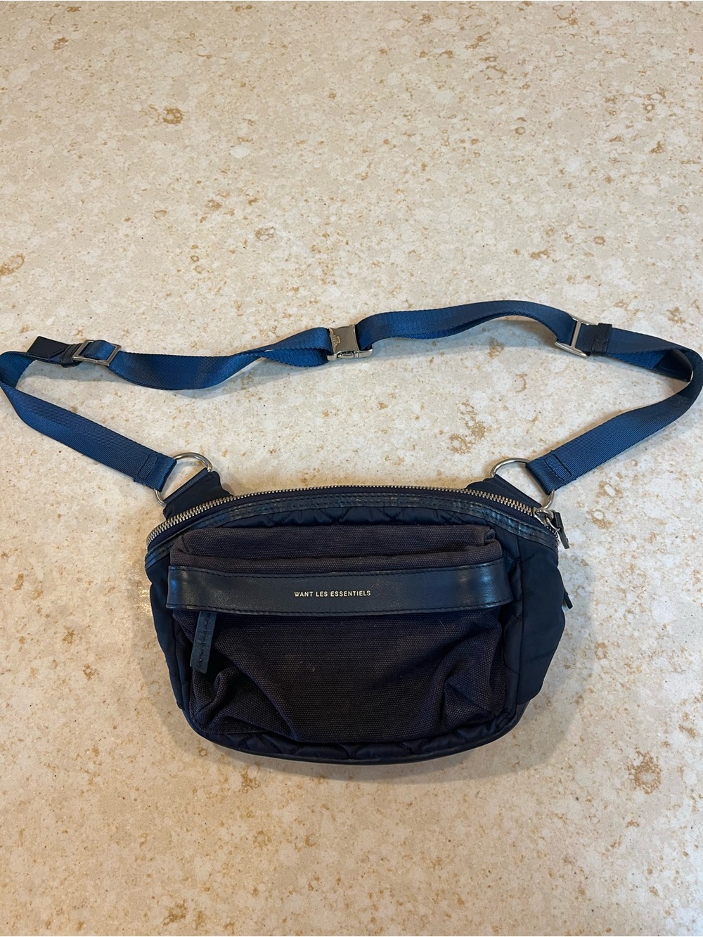 WANT Les Essentiels Navy Quilted Belt Bag with Leather Trim